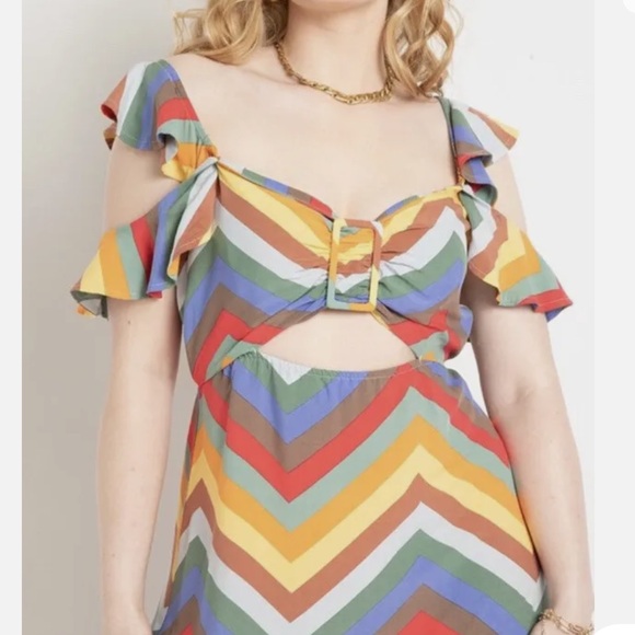 NWT Eloquii Size 20 Ruffle Strap Chevron Printed Midi Dress - Picture 4 of 5